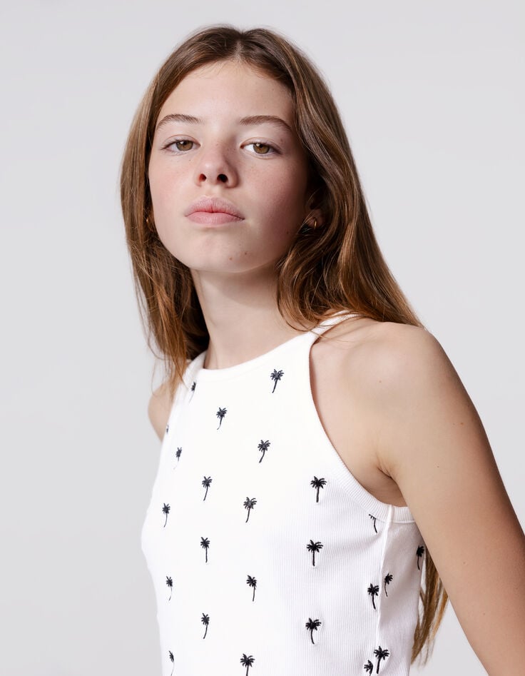 Ikks Débardeur Blanc Côtelé Broderies Palmiers Fille