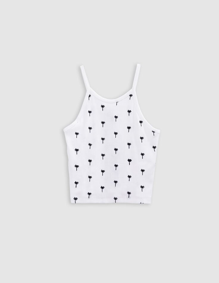 Ikks Débardeur Blanc Côtelé Broderies Palmiers Fille