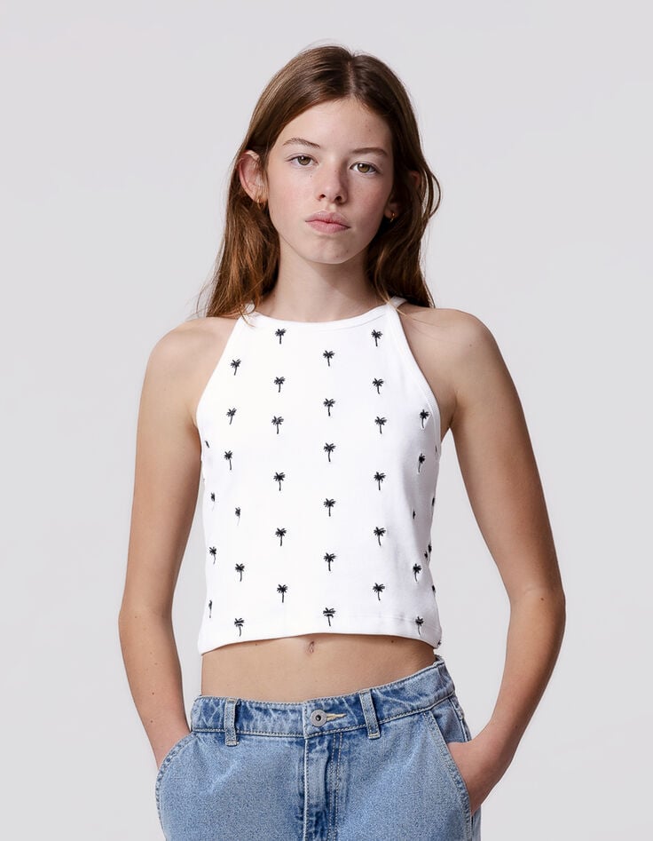 ikks Débardeur blanc côtelé broderies palmiers fille