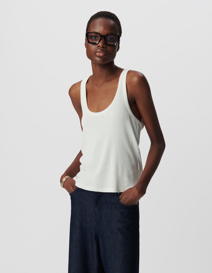 Ikks Débardeur Blanc Maille Côtelée Chevrons Brodés Dos Femme