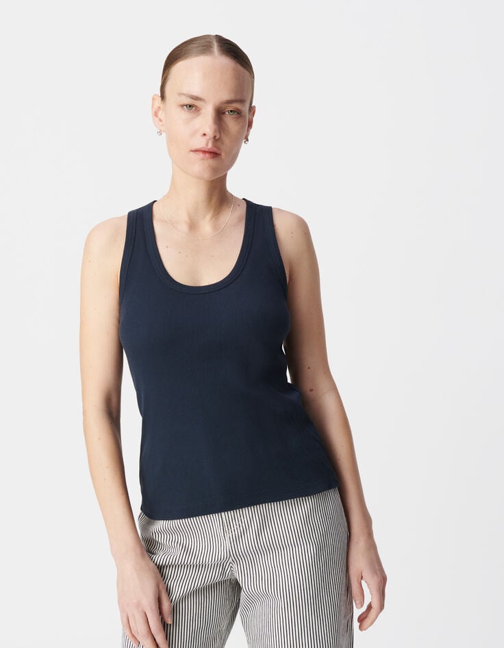 Ikks Débardeur Marine Maille Côtelée Chevrons Brodés Dos Femme