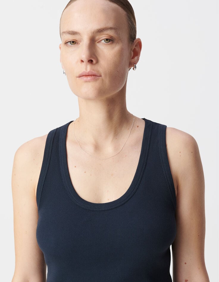 Ikks Débardeur Marine Maille Côtelée Chevrons Brodés Dos Femme