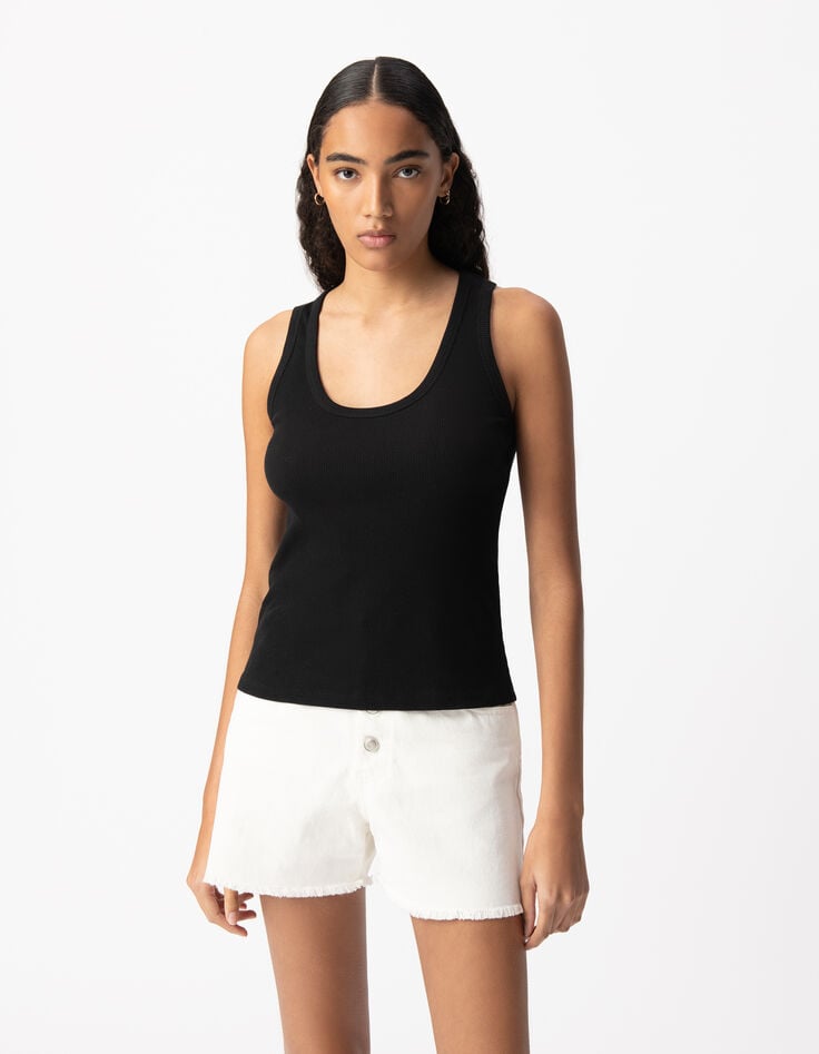 Ikks Débardeur Noir Maille Côtelée Chevrons Brodés Dos Femme