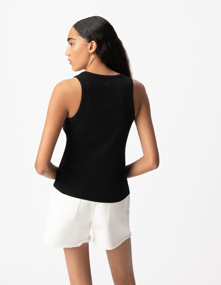 Ikks Débardeur Noir Maille Côtelée Chevrons Brodés Dos Femme