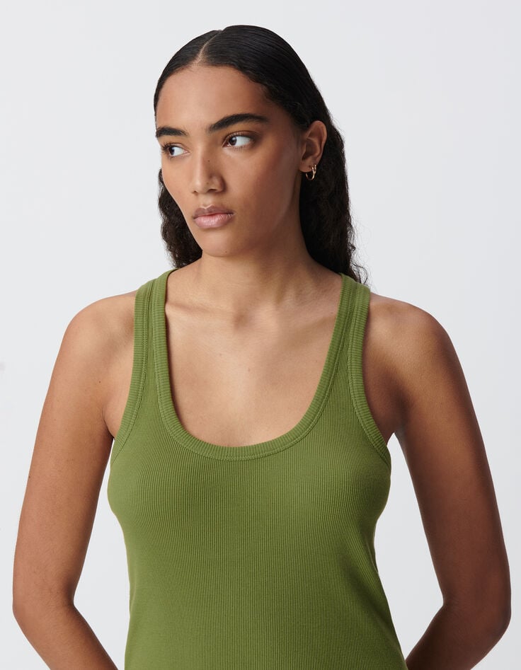 Ikks Débardeur Vert Maille Côtelée Chevrons Brodés Dos Femme