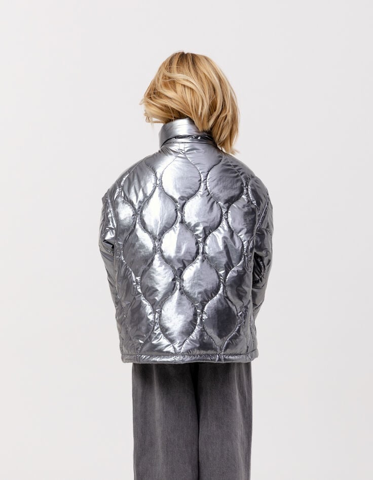 Ikks Doudoune Grise Nylon Métallisé à Capuche Amovible Fille