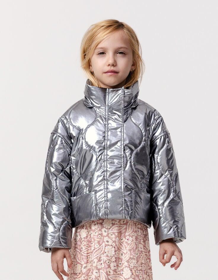 Ikks Doudoune Grise Nylon Métallisé à Capuche Amovible Fille