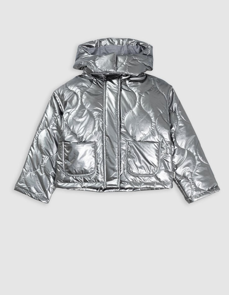 Ikks Doudoune Grise Nylon Métallisé à Capuche Amovible Fille