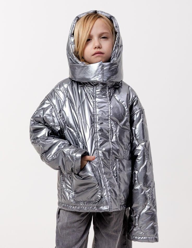 ikks Doudoune grise nylon métallisé à capuche amovible fille