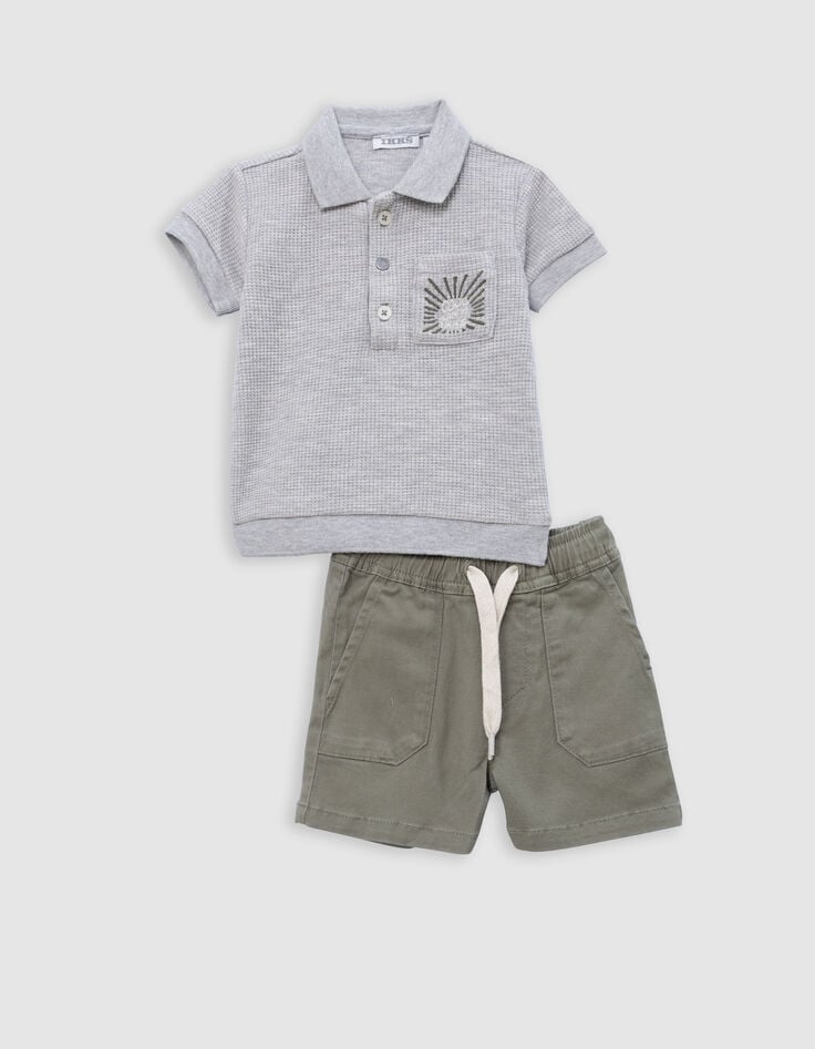 Ikks Ensemble Bermuda Kaki Et Polo Gris Bébé Garçon