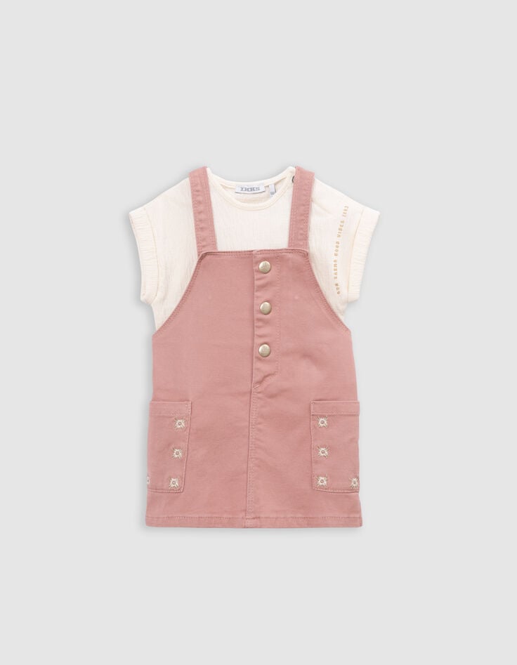 ikks Ensemble robe-salopette rose et T-shirt écru bébé fille