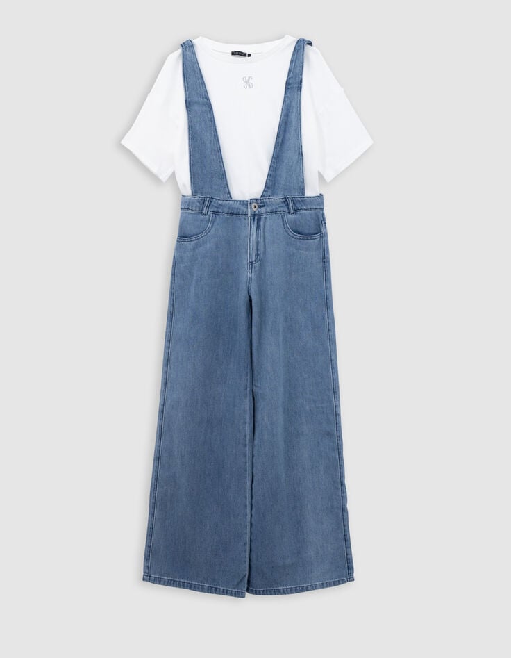 ikks Ensemble salopette bleue et T-shirt blanc fille