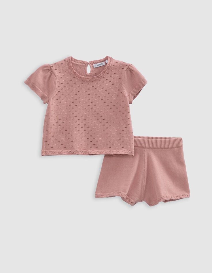 Ikks Ensemble Short Et T-shirt Rose Tricot Ajouré Bébé Fille