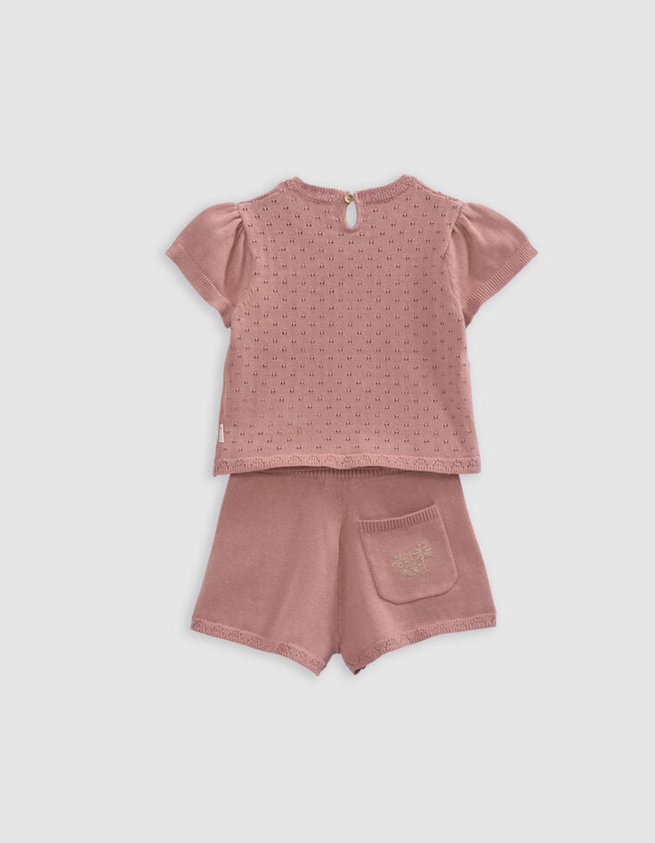 Ikks Ensemble Short Et T-shirt Rose Tricot Ajouré Bébé Fille
