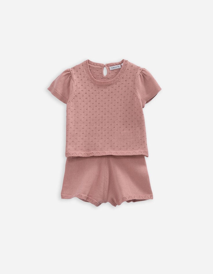 ikks Ensemble short et T-shirt rose tricot ajouré bébé fille
