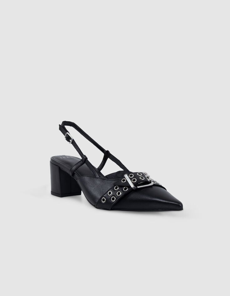 Ikks Escarpins Slingback Noirs Cuir Boucle Oeillets Femme