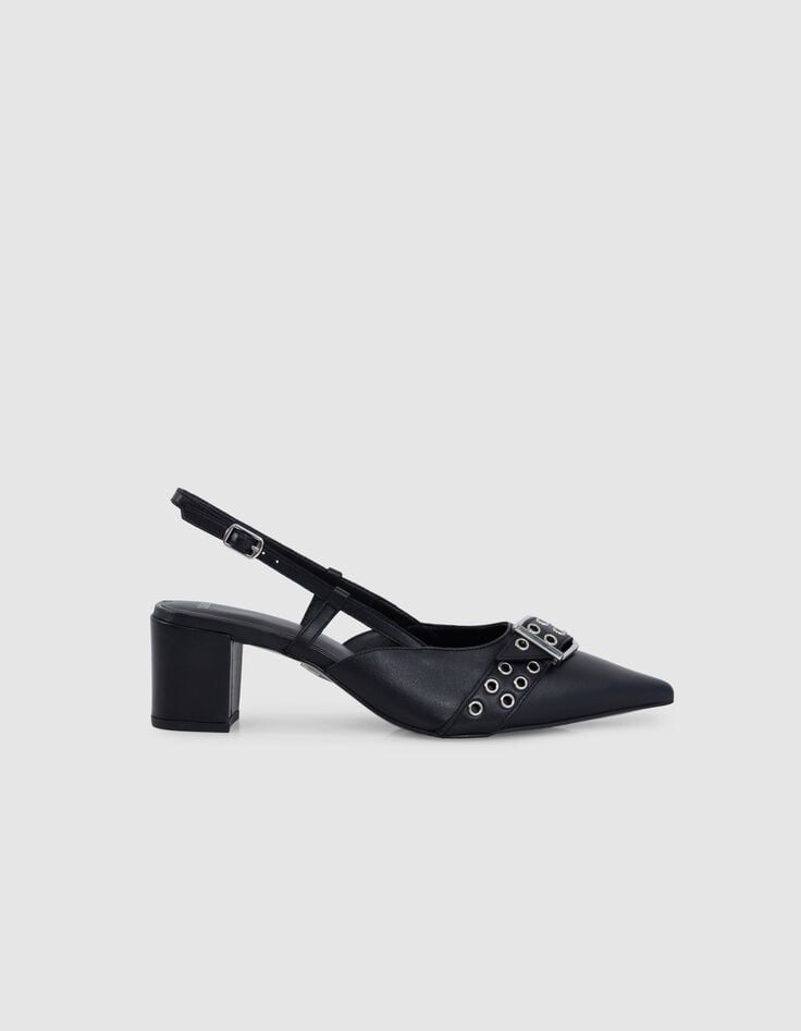 ikks Escarpins slingback noirs cuir boucle oeillets Femme