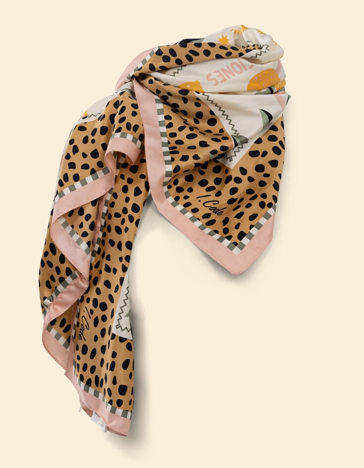 Ikks Foulard Carré Camel Imprimé Feuilles Et Bananes Et Message I.Code