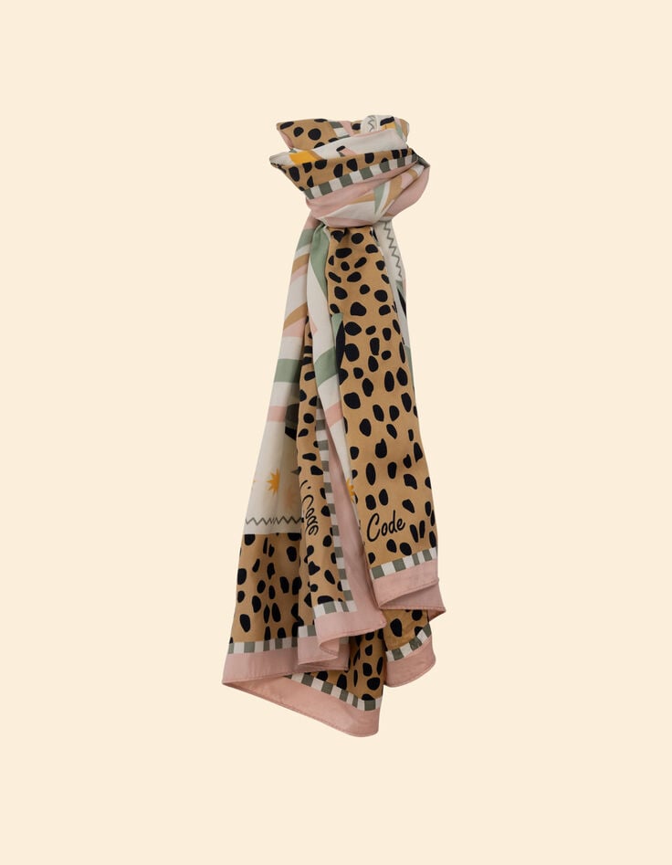 Ikks Foulard Carré Camel Imprimé Feuilles Et Bananes Et Message I.Code