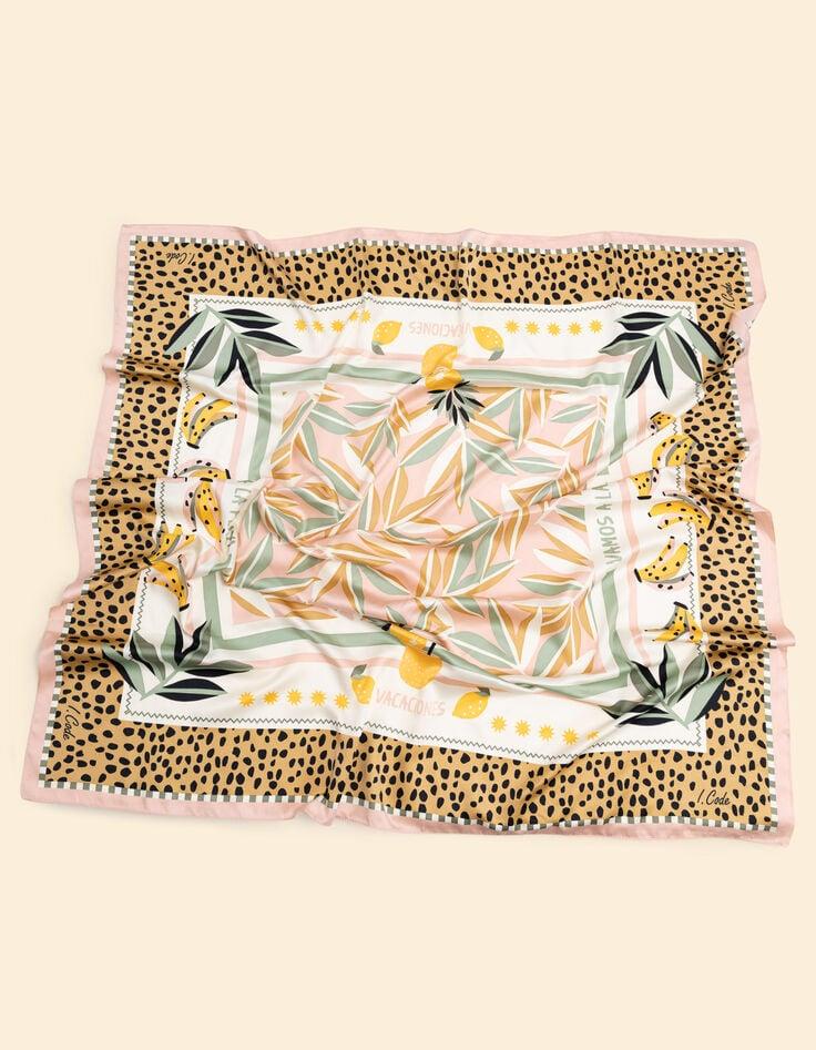 ikks Foulard carré camel imprimé feuilles et bananes et message I.Code
