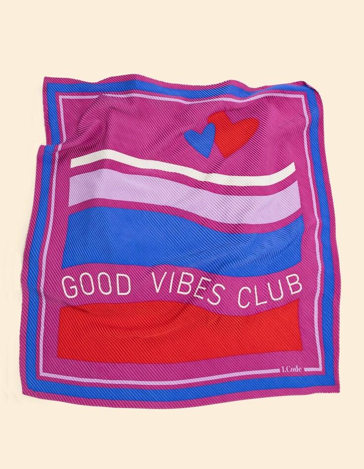 Ikks Foulard Carré Plissé Violine Rayures Et Message I.Code