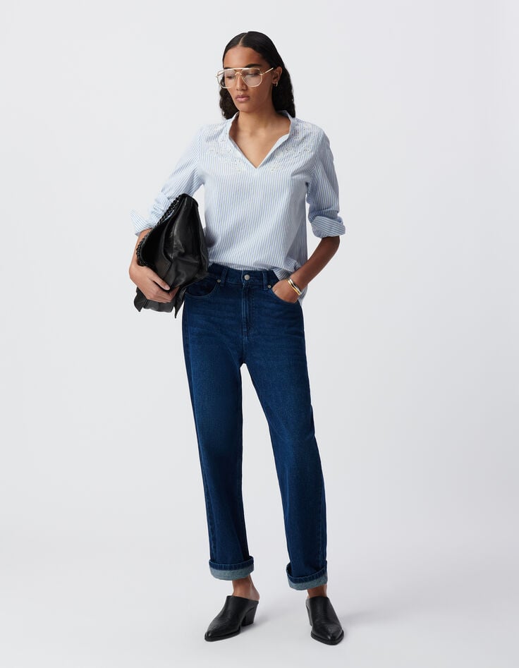 Ikks Blouse Rayures Bleu Ciel Plastron Brodé