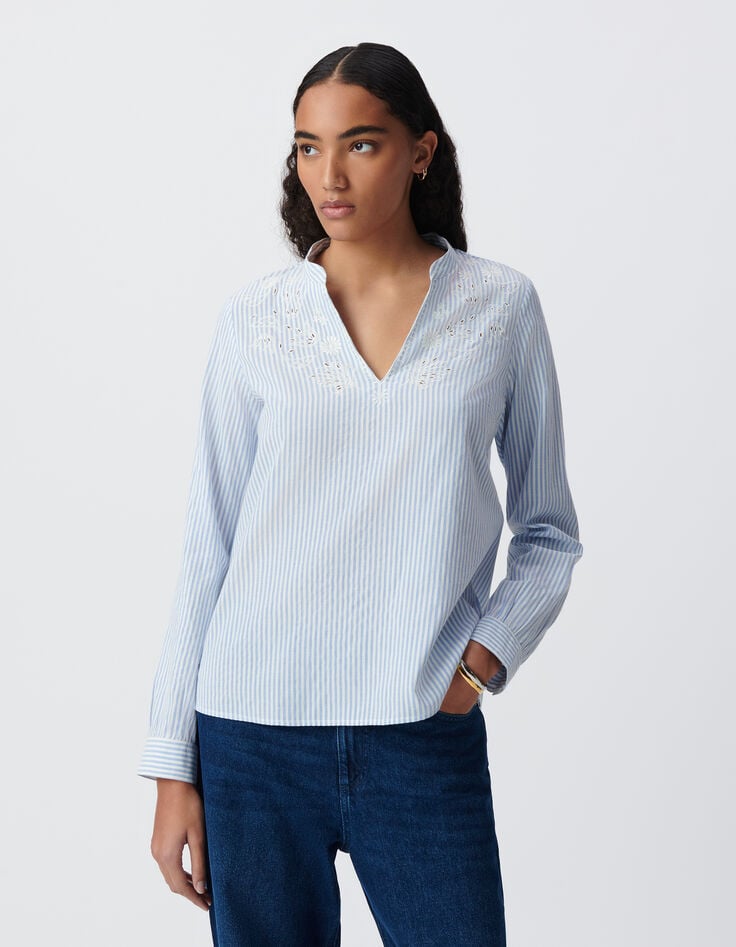 Ikks Blouse Rayures Bleu Ciel Plastron Brodé