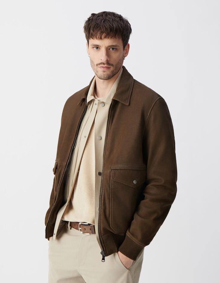 Ikks Blouson Aviateur Bronze En Cuir Homme