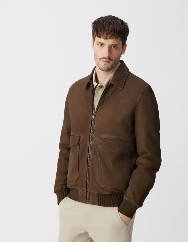 Ikks Blouson Aviateur Bronze En Cuir Homme