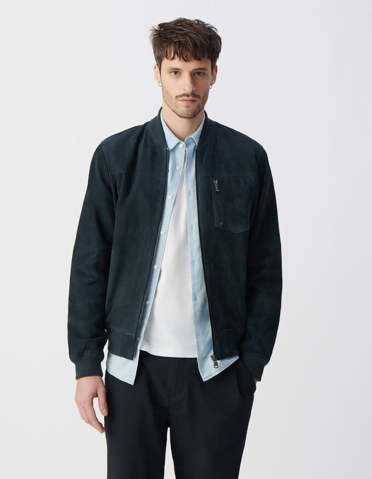 Ikks Blouson Bomber Encre En Cuir Velours Homme