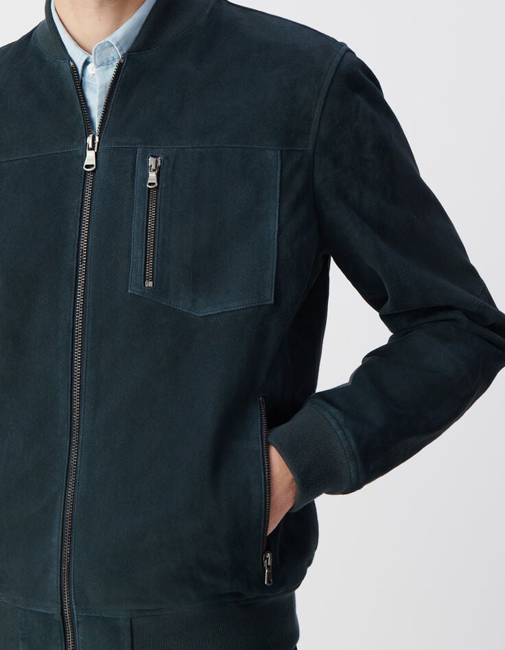 Ikks Blouson Bomber Encre En Cuir Velours Homme