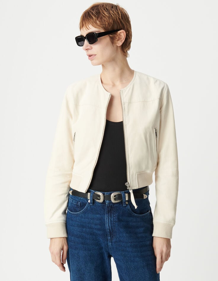 Ikks Blouson Court Beige Cuir Velours Femme
