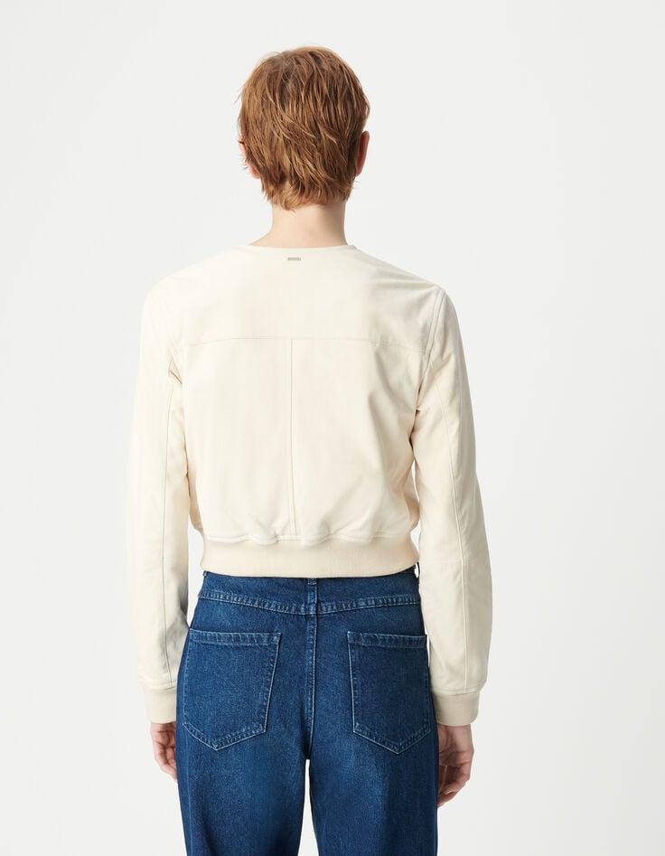 Ikks Blouson Court Beige Cuir Velours Femme