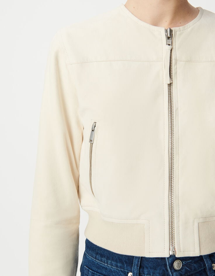Ikks Blouson Court Beige Cuir Velours Femme