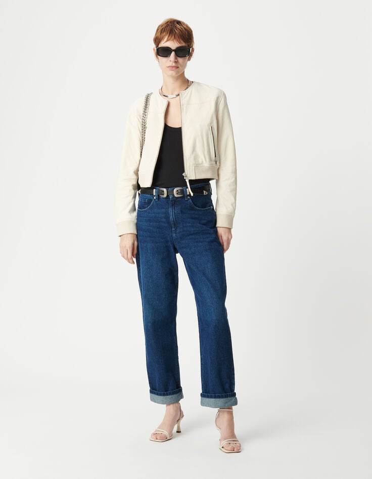 ikks Blouson court beige cuir velours Femme