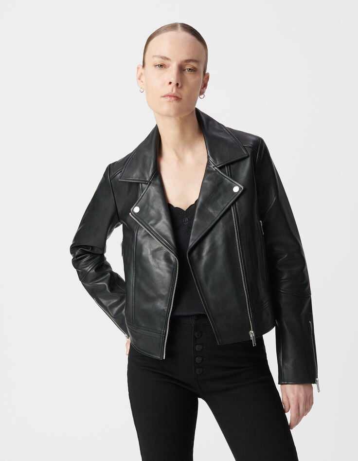 Ikks Blouson Noir Cuir D'agneau Femme