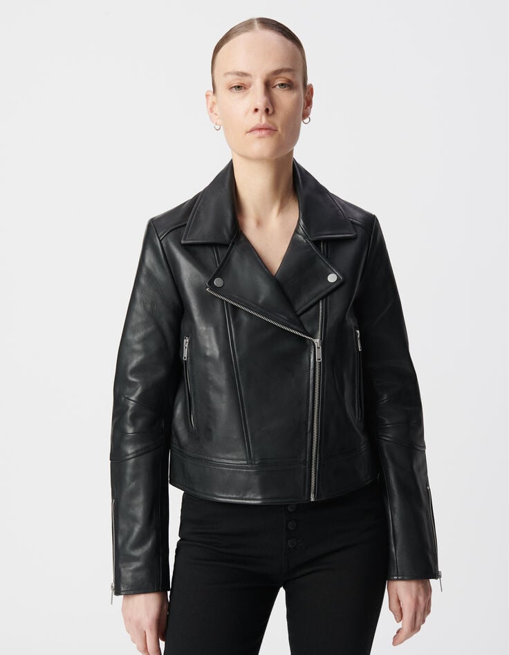 Ikks Blouson Noir Cuir D'agneau Femme