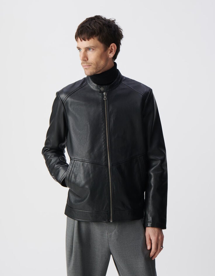 Ikks Blouson Noir En Cuir Homme