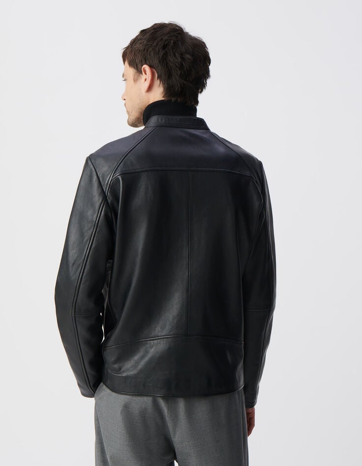 Ikks Blouson Noir En Cuir Homme
