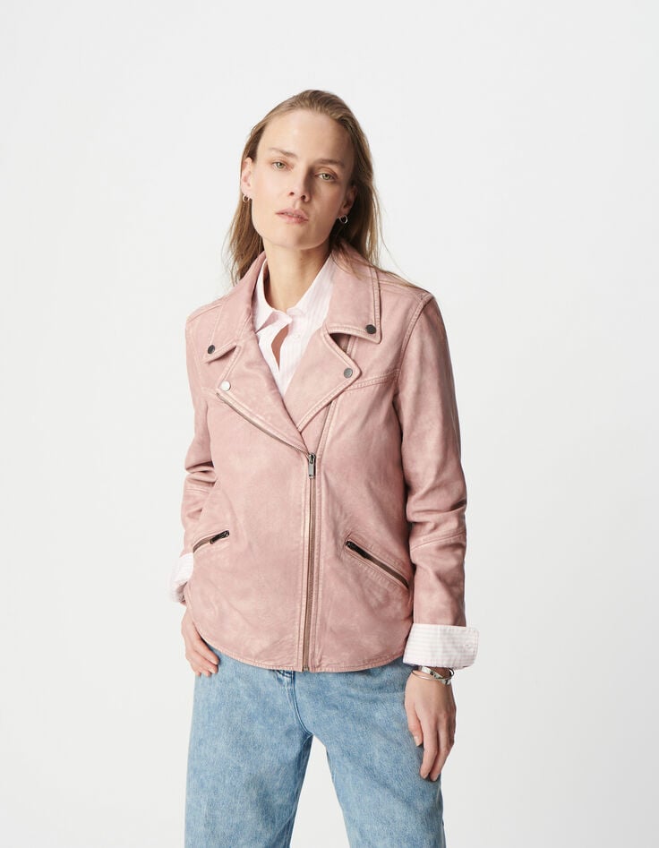 Ikks Blouson Rose Cuir Délavé Esprit Motard Femme