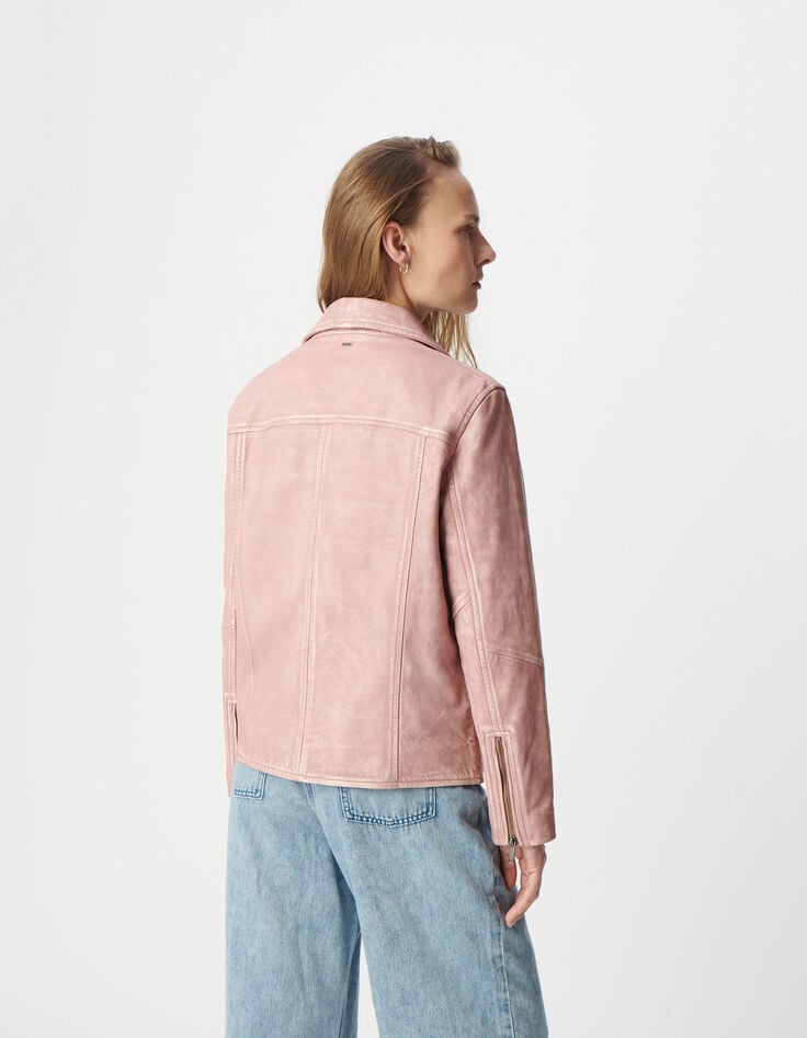 Ikks Blouson Rose Cuir Délavé Esprit Motard Femme
