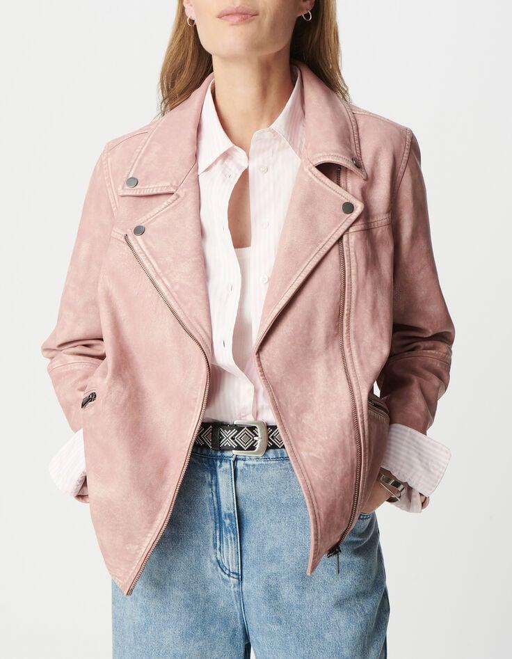 Ikks Blouson Rose Cuir Délavé Esprit Motard Femme