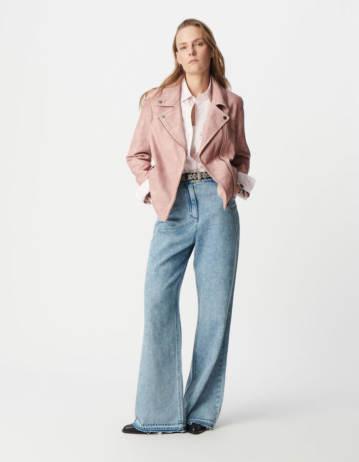 ikks Blouson rose cuir délavé esprit motard Femme