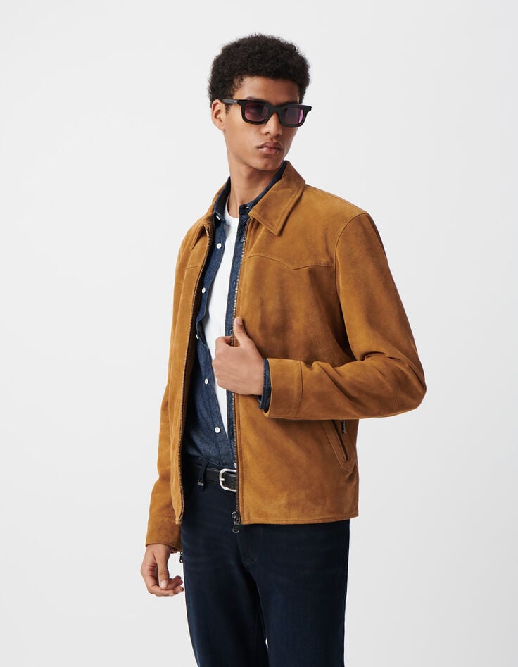 Ikks Blouson Safran En Cuir Velours Homme