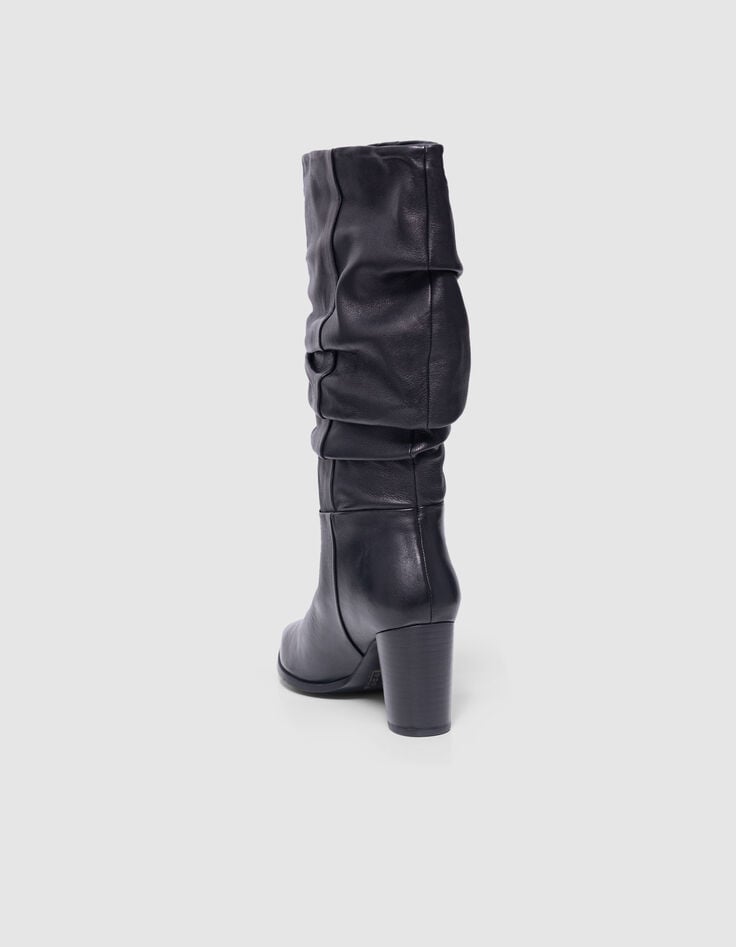 Ikks Bottes à Talon Noires Cuir Tige Drapée Femme