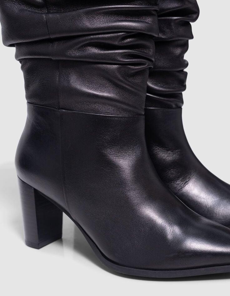 Ikks Bottes à Talon Noires Cuir Tige Drapée Femme