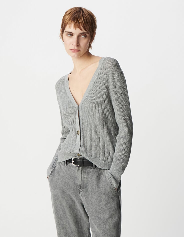 Ikks Cardigan Chic Gris Tricot Lurex Ajouré Femme
