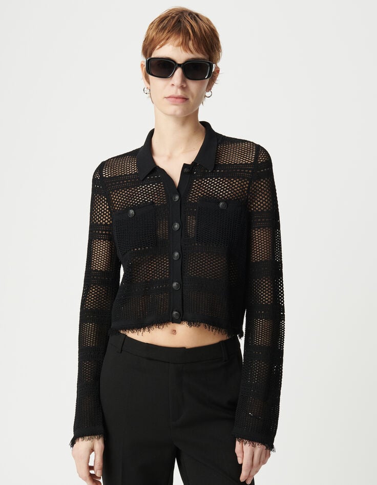 Ikks Cardigan Court Noir Tricot Ajouré Femme