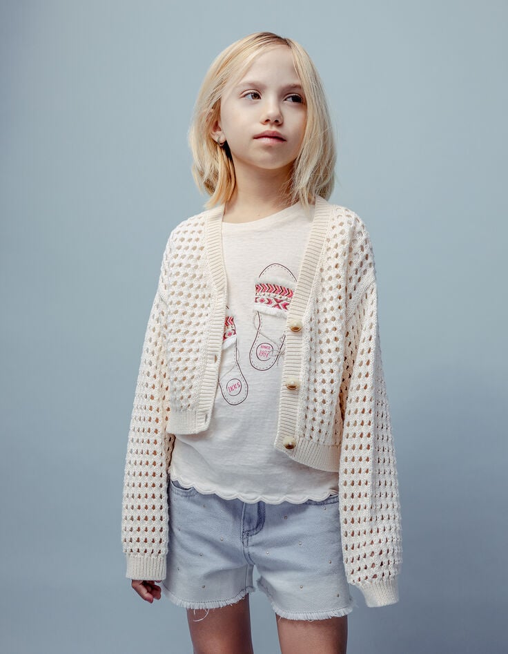 Ikks Cardigan écru Coton Bio Tricot Ajouré Fille