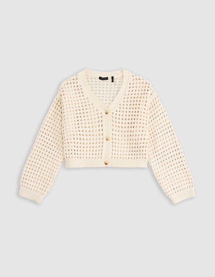 Ikks Cardigan écru Coton Bio Tricot Ajouré Fille
